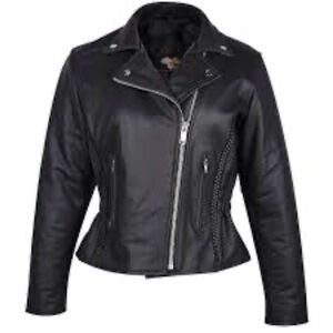 Xelement Woman’s Black Leather Motorcycle Jacket Large